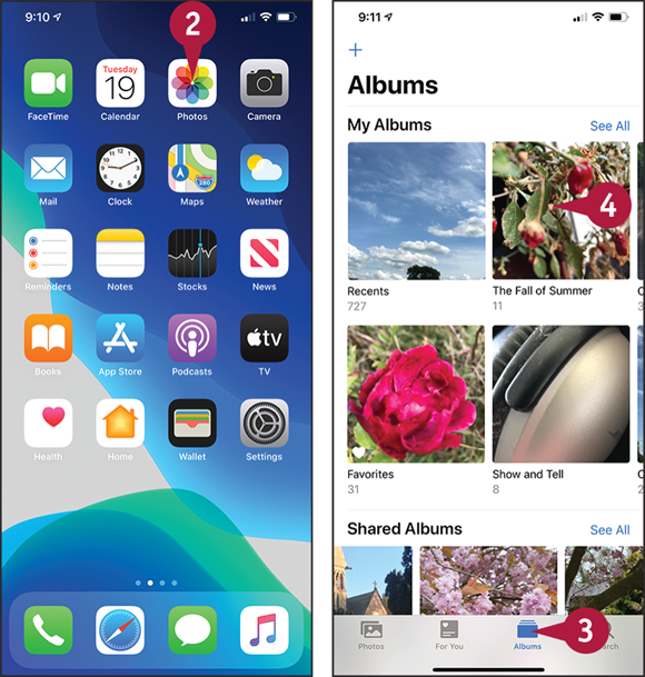 Screen captures depicting Opening the Photos App and Browse an Album with 2 to 3 marked.