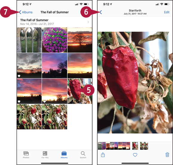 Screen captures depicting Opening the Photos App and Browse an Album with 5 to 7 marked.