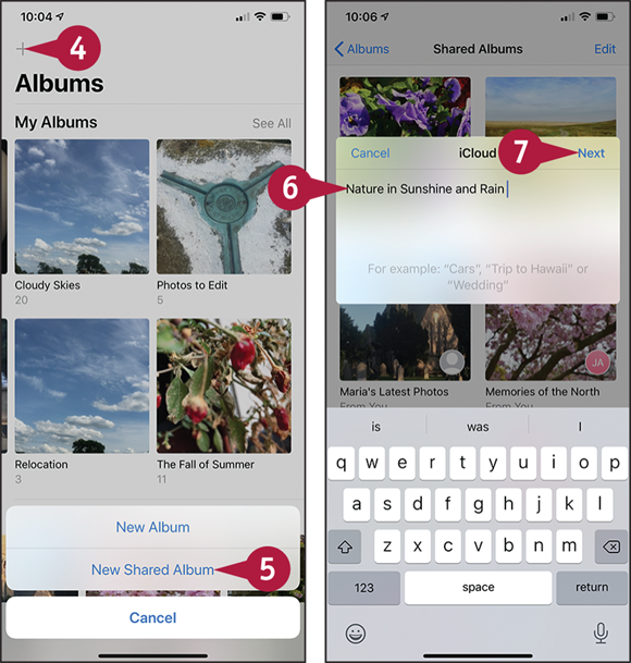 Screen captures depicting Sharing Your Shared Albums with 4 to 7 marked.