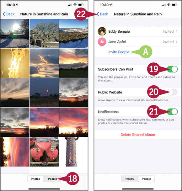 Screen captures depicting Sharing Your Shared Albums with 18 to 22 marked.