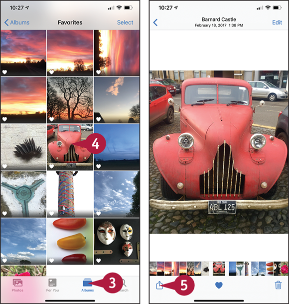 Screen captures depicting Selecting the Photo or Video to Share with 3 to 5 marked.