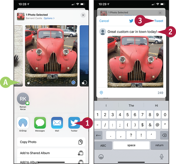 Screen captures depicting Sharing a Photo on Twitter with 1 to 3 marked.