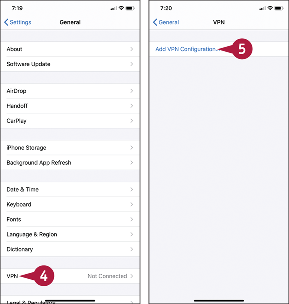 Screen captures depicting Setting Up the VPN Connection on the iPhone with 4 to 5 marked.