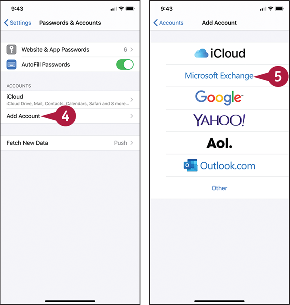 Screen captures depicting Connecting Your iPhone to Exchange Server with 4 to 5 marked.