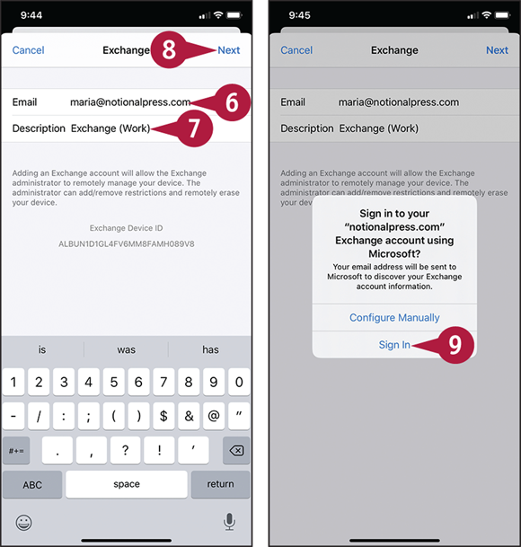Screen captures depicting Connecting Your iPhone to Exchange Server with 6 to 9 marked.
