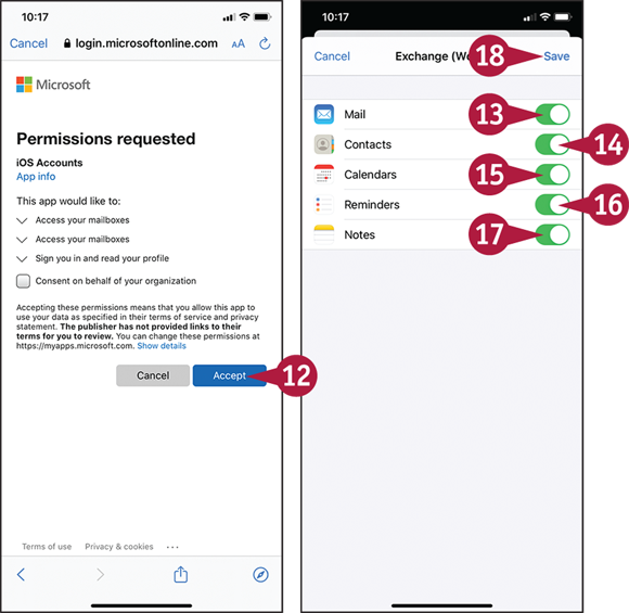Screen captures depicting Connecting Your iPhone to Exchange Server with 12 to 18 marked.