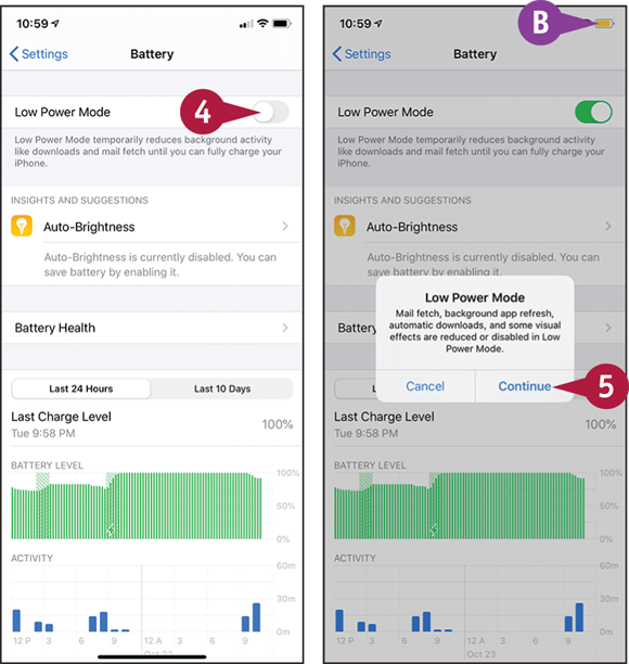 Screen captures depicting Turning On Low Power Mode Manually with 4 to 5 marked.