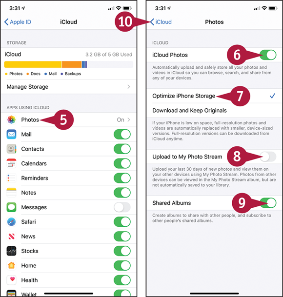 Screen captures depicting Backing Up and Restore Using iCloud with 5 to 10 marked.