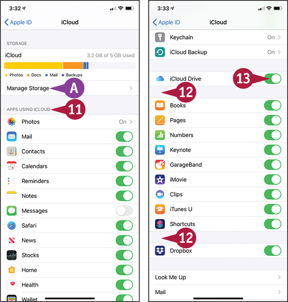 Screen captures depicting Backing Up and Restore Using iCloud with 11 to 13 marked.