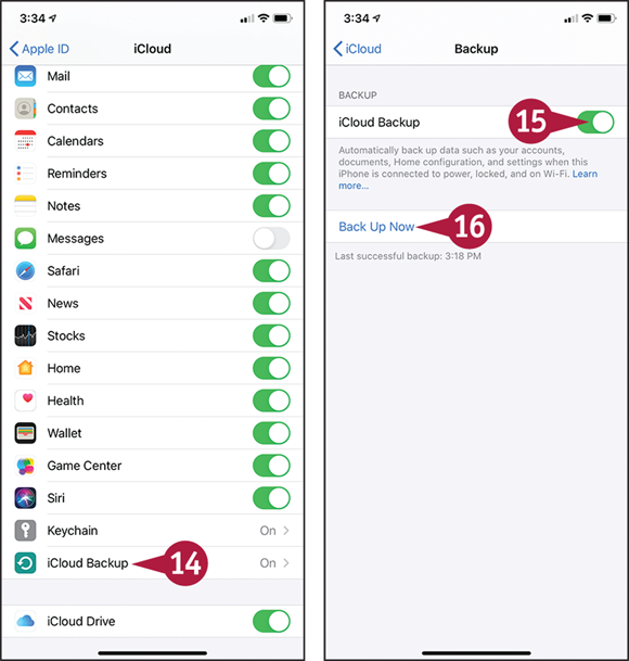 Screen captures depicting Backing Up and Restore Using iCloud with 14 to 16 marked.