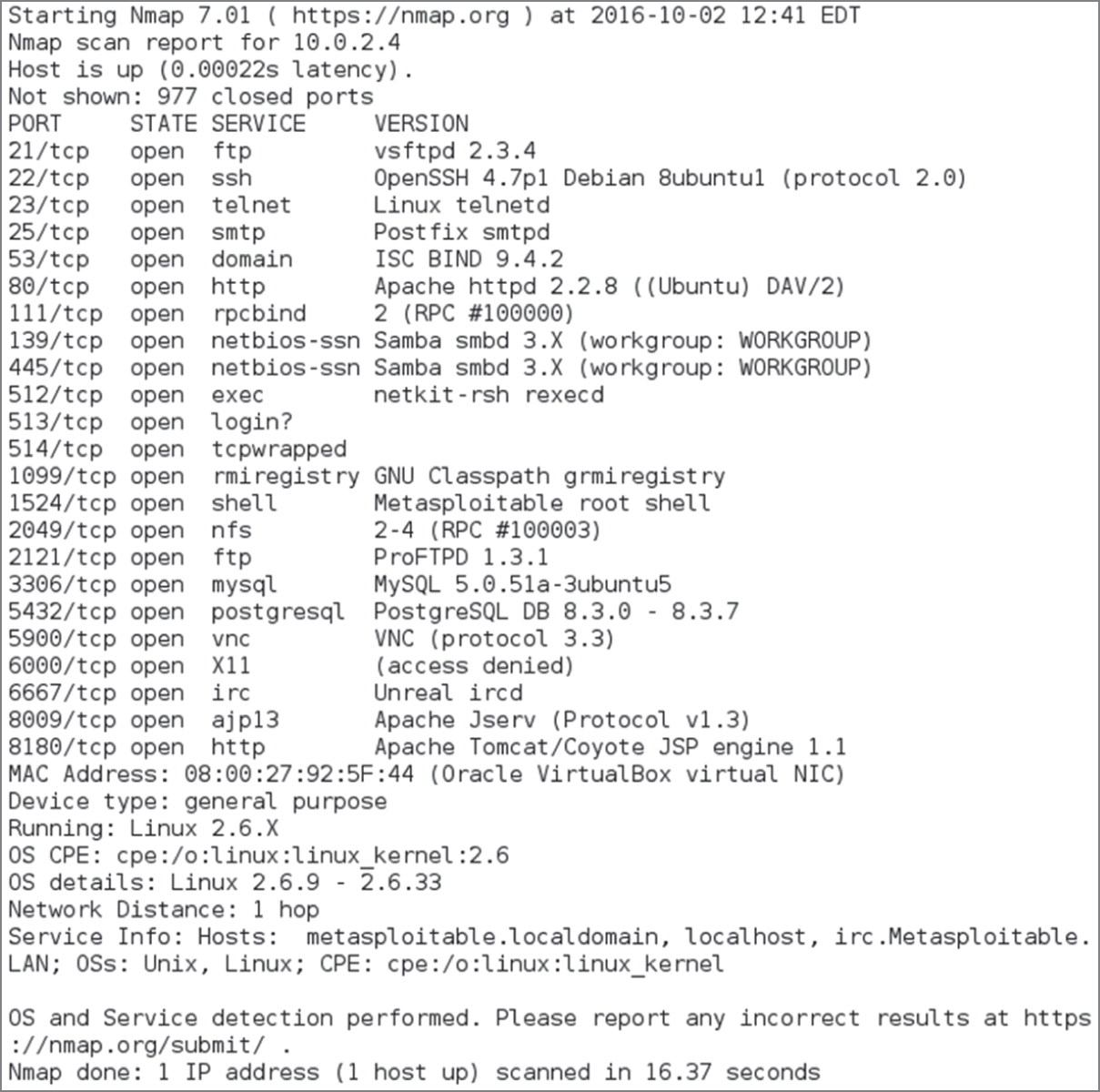 Snapshot of Nmap service and version detection.