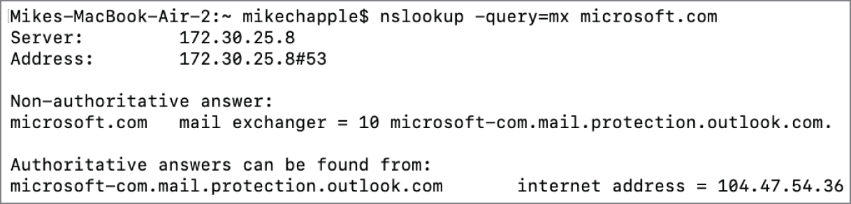 Snapshot of Nslookup using Google's DNS with MX query flag.