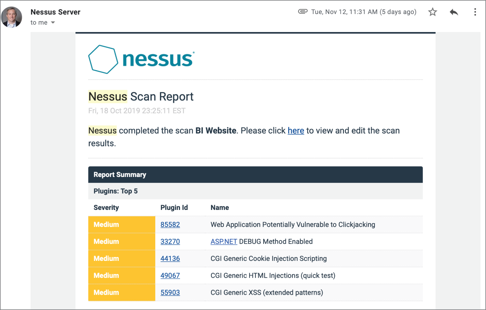 Snapshot of sample Nessus scan report.