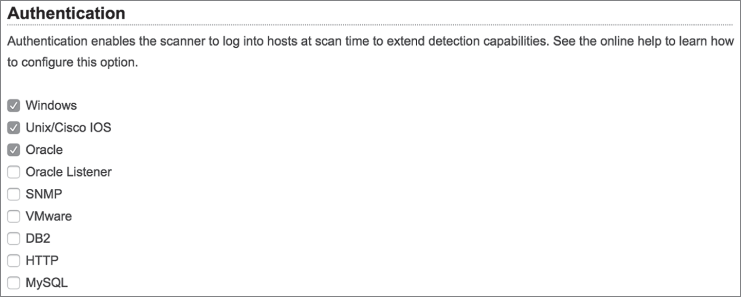 Snapshot of configuring authenticated scanning.