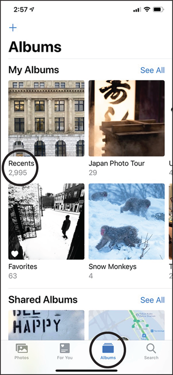 Snapshot of choosing albums, and then recents to access all the photos.