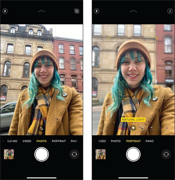 Snapshot of a comparison of the normal selfie and the portrait selfie.