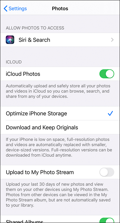 Snapshot of turning off Keep My Photo Stream, if the user have the plan to take a lot of photos and use iCloud Photo Library.
