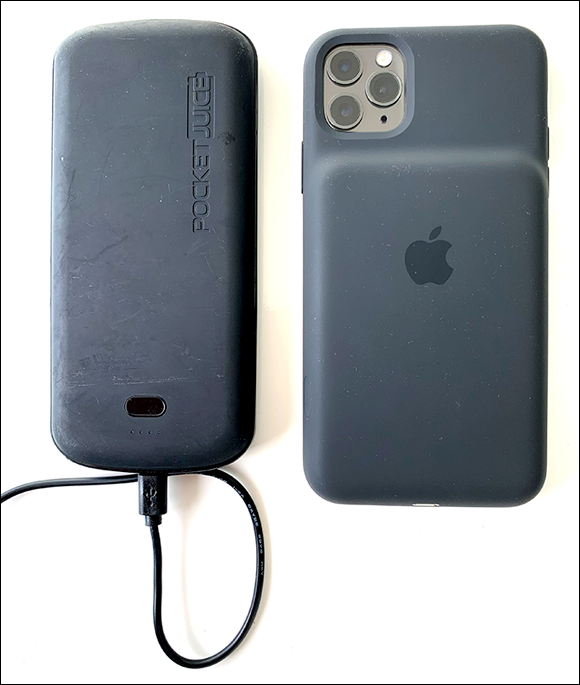 Photo depicts the combination of an Apple Smart Battery Case and a battery pack will potentially extend the photography for multiple days without AC wall-socket power.