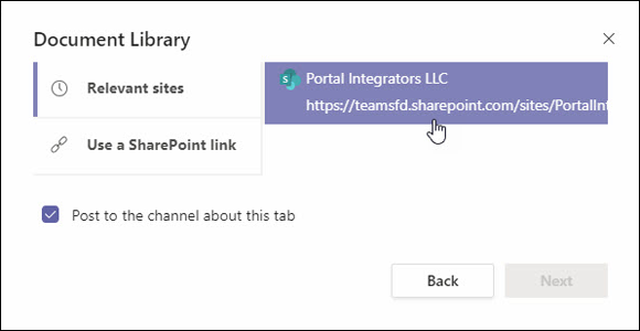 Snapshot of choosing a SharePoint site from which to add a Document library as a tab.