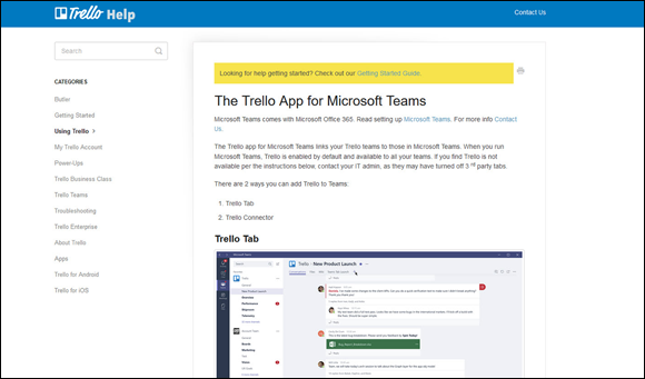 Snapshot of the documentation page for the Trello app for Microsoft Teams.
