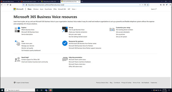 Snapshot of the Microsoft 365 Business Voice documentation page.