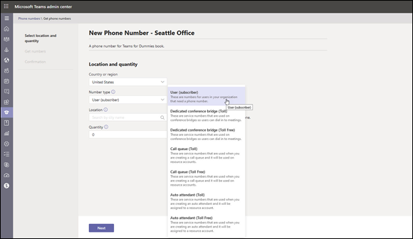 Snapshot of selecting the type of phone number to obtain in the Teams Admin Center.