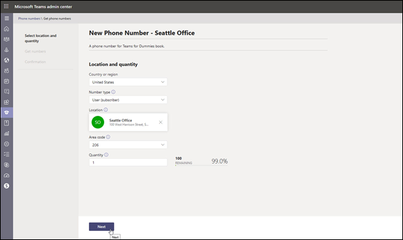 Snapshot of filling out the Teams Admin Center page to obtain a new phone number.