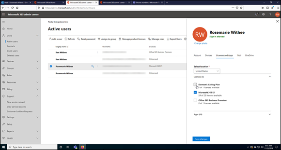 Snapshot of assigning a calling plan to a user in the Microsoft 365 or Office 365 Admin Center.
