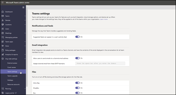 Snapshot of setting up email integration with Teams channels.