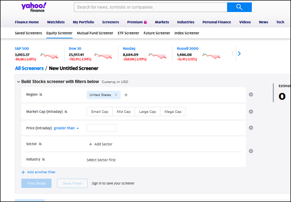 Screenshot of a typical stock screener from Yahoo! Finance presenting some basic elements that are very useful in helping to narrow the search for the right stocks in a portfolio.