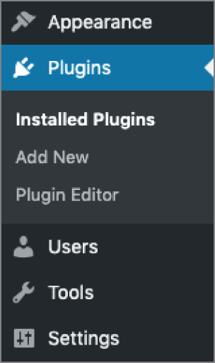 Screenshot of the Plugins menu available only to administrators displayed in the WordPress Dashboard.