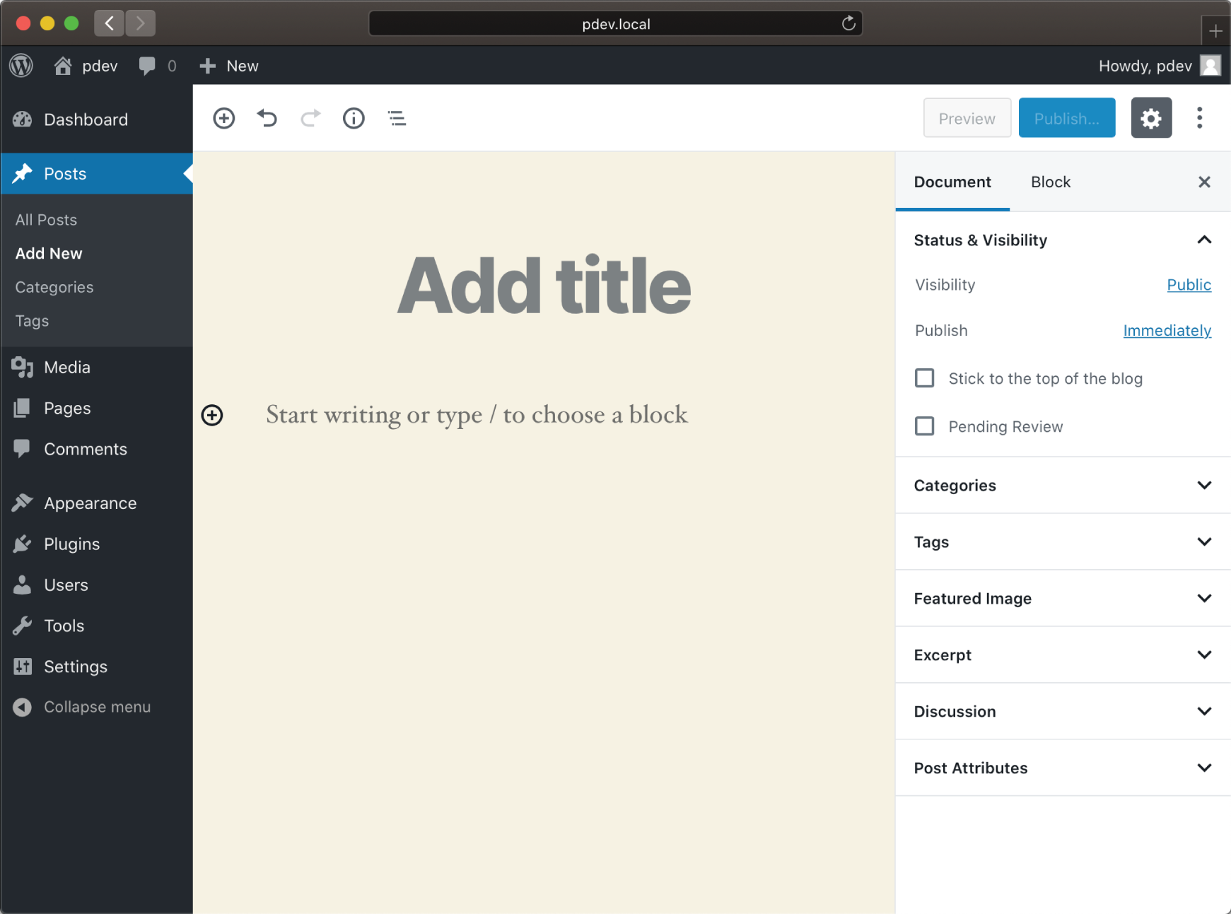 Screenshot displaying the block-based Gutenberg editor enabling to start writing or type or to choose a block.