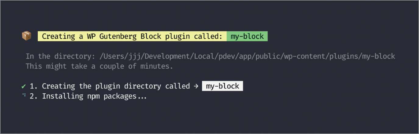 Screenshot to build Step 1 in a documented create-guten-block project, for creating a plugin directory called my-block.