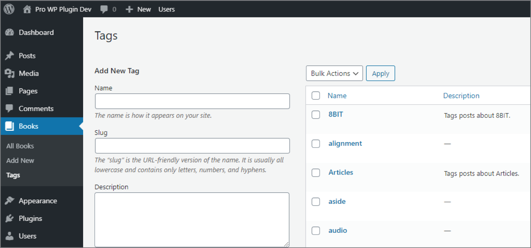 Screenshot of the Tags submenu item added after the Books menu item has been added in the admin dashboard.