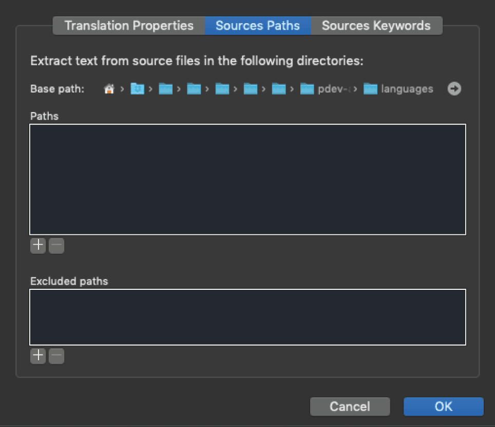 Screenshot of a Settings box appearing with three tabs: the Translation Properties tab, the Sources Paths tab, and the Sources Keywords tab.