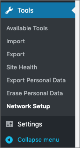 Screenshot displaying the Network menu options in the Tools page, with the Settings option highlighted.