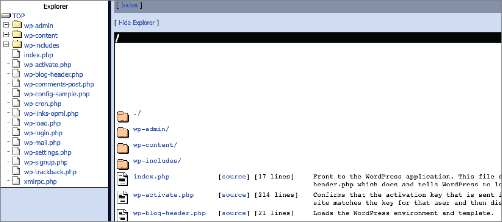 Screenshot of a Windows Explorer layout of the WordPress PHPXref site displaying the documentation of cross-referenced HTML files.