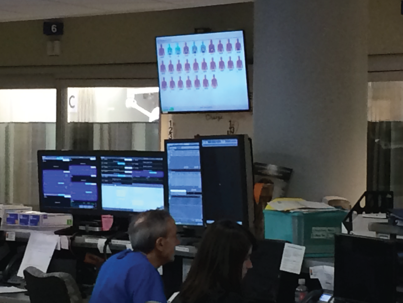 Photo depicts the monitors in a hospital emergency room.