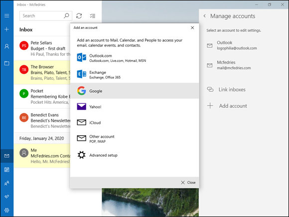 Snapshot of the Mail app to send email messages and file attachments.