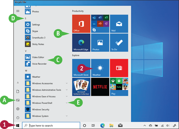 Snapshot of the Start menu
displaying tiles for commonly
used apps and Common Windows features appear on the left side.