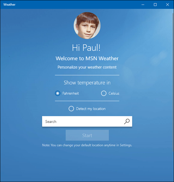 Snapshot of the Welcome page of MSN Weather.