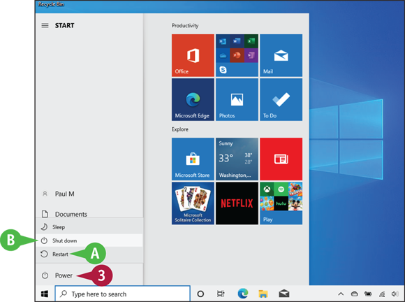 Snapshot of Windows displaying restart or shutdown icon on the start menu.