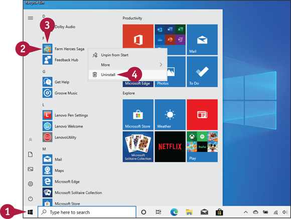 Snapshot of uninstalling the app using the start menu.