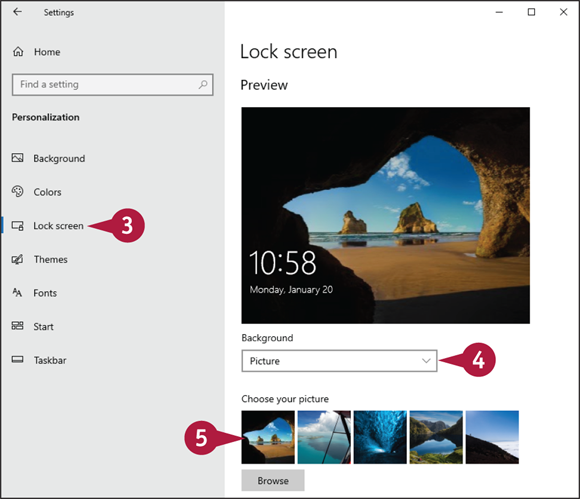 Snapshot of using a series of Microsoft Bing photos as the Lock screen background.