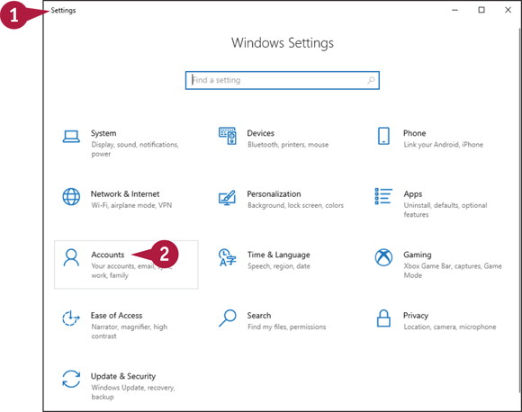 Snapshot of selecting Accounts settings I the Windows setting app.