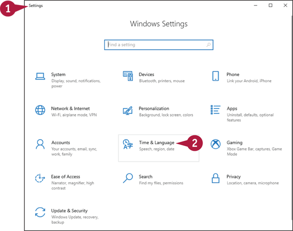 Snapshot of clicking Time and Language in the Window settings .