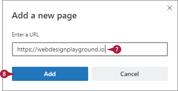 Snapshot of Add a New Page dialog box and enter the website address.