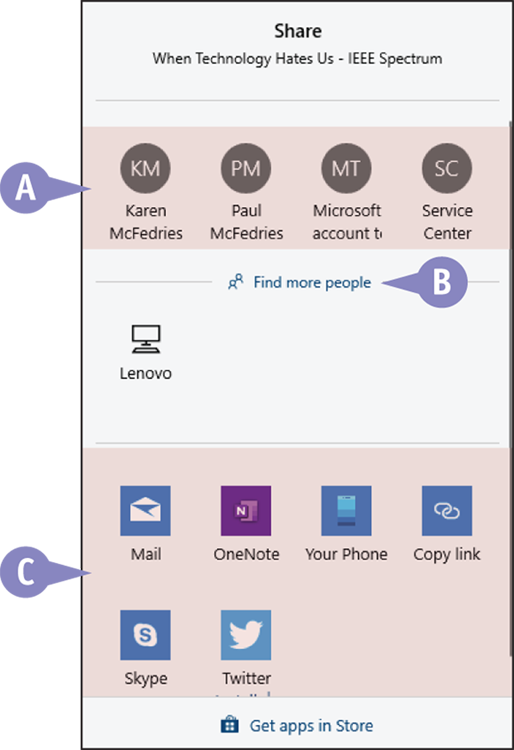 Snapshot of Microsoft Edge displaying the Share pane to select the items that the user wants to share.