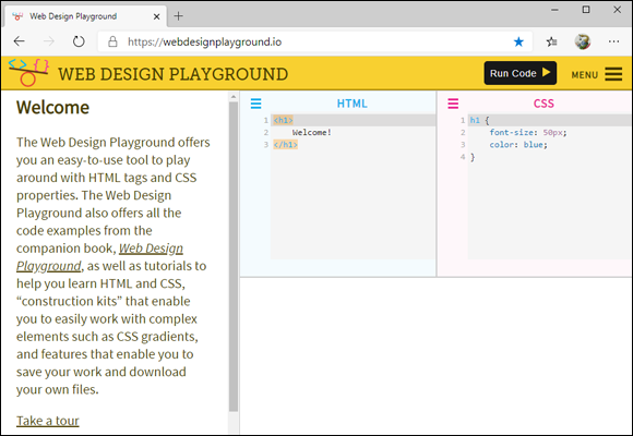 Snapshot of displaying the Web Design Playground page.