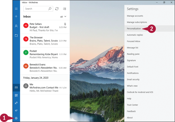 Snapshot of clicking
Personalization from the settings pane to change the Mail app background image.